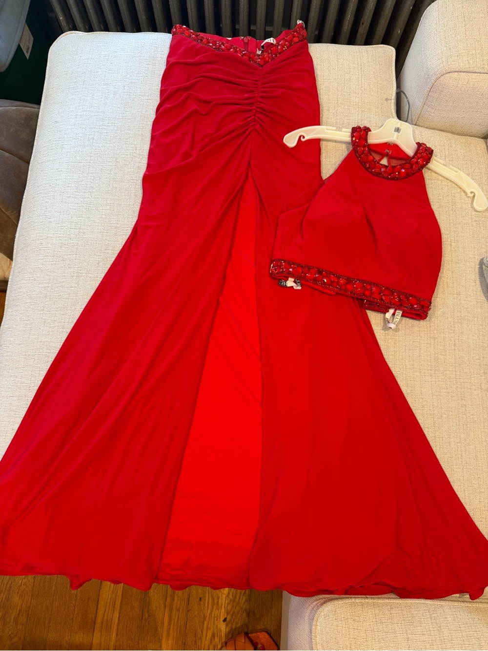 Red Beaded Two-Piece Prom Dress - Elegant Halter Top and Mermaid Skirt